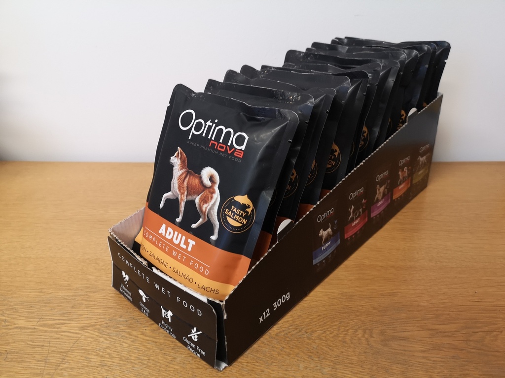 OPTIMANOVA DOG MÄRKÄ ADULT SALMON+TUNA+SARDINE&POTATO 300G POUCH me12