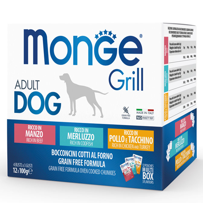 Monge dog adult Grill Mix monipakkaus kana-kalkkuna/nauta/turska 100g pouch